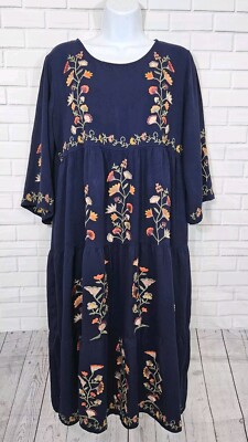 Tea N Rose Dress Womens Size Large Navy Midi Embroidered Floral Boutique  Prairie