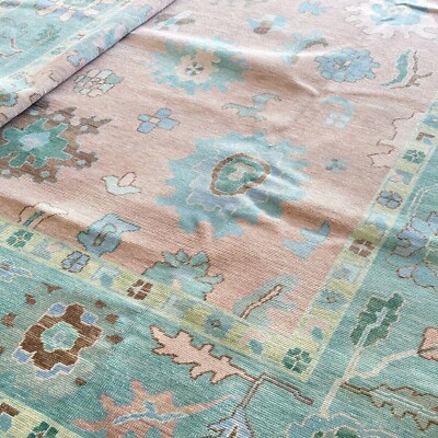 Modern Oushak Hand Knotted 9x12 Pink Blue 100% Wool Floral Rug for Living Room