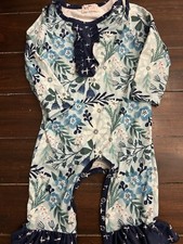 Pete Lucy Girls 9-12M Romper Colorful Blue Floral Snaps Ruffles Long Sleeve