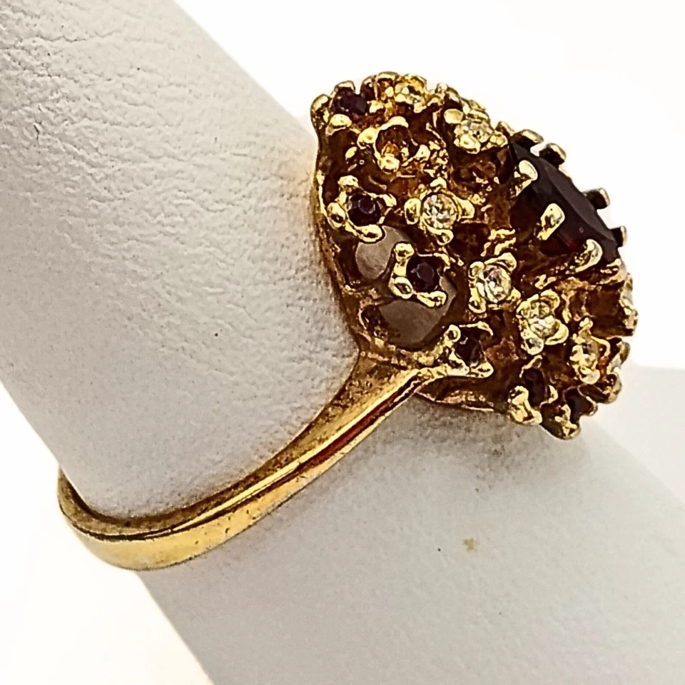 复古 18K 镀金石榴石和模拟钻石戒指女式 8 集群优雅 — 第 3/4 张图片