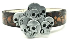 MULTI SKULL BIKER EMBOSSED GENUINE COWHIDE LEATHER BELT & BUCKLE COMBO USA MADE
