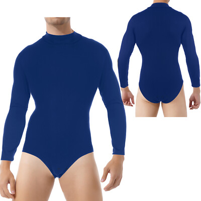 Mens One-Piece Long Sleeve Bodysuit Solid Press Button Crotch Leotard Jumpsuit 