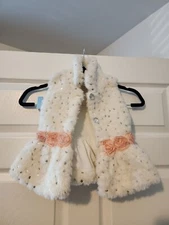 Little Lass Girls Faux Fur Vest With Rhinestones & Floral Accents Size 24M White