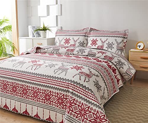 Christmas Bedspread Quilt Sets Size - Nordic Cabin Lodge King Red Gray - Picture 3 of 6