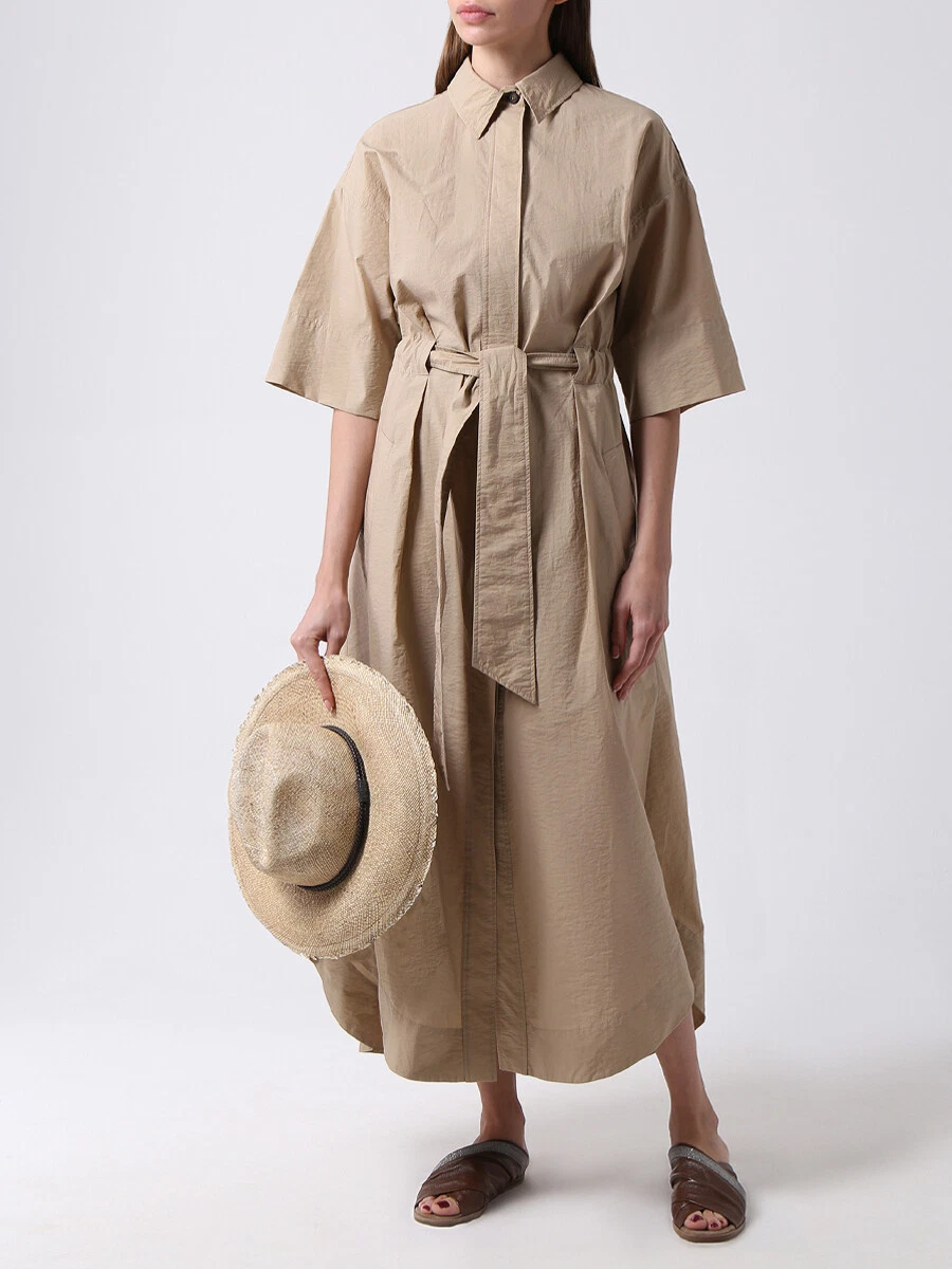 BRUNELLO CUCINELLI Maxi Shirt Dress in Beige Size Large L