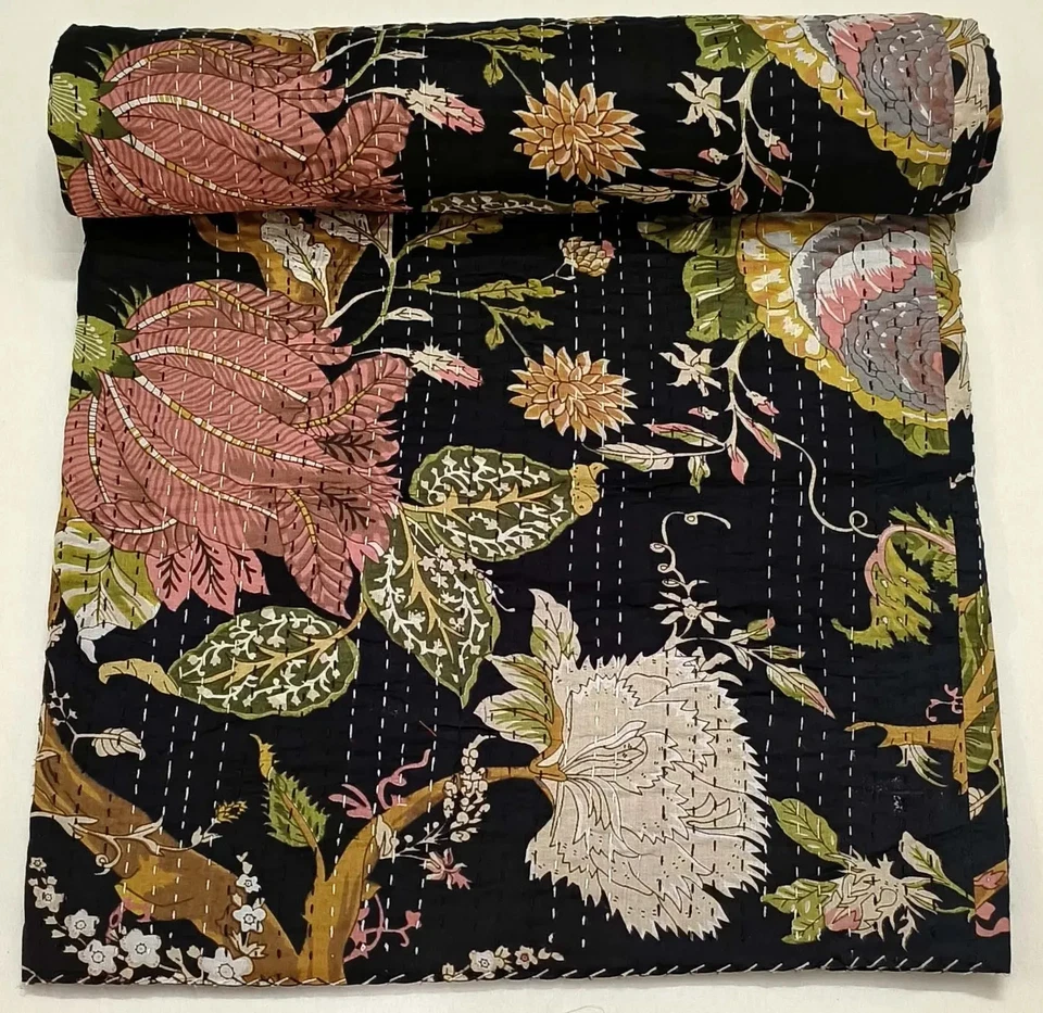 Indian Handmade Cotton Black Kantha Quilt Block Print Twin Bedspread Blanket - Image 2 of 2