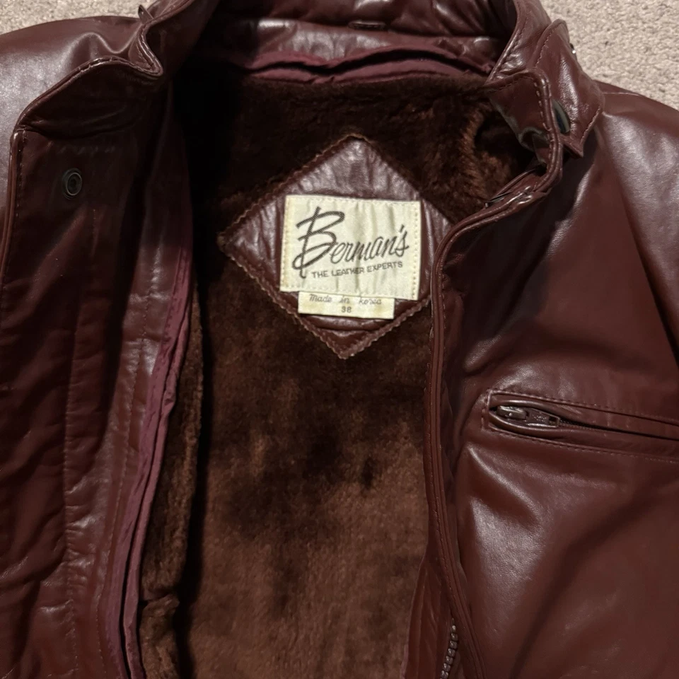 Bermans винтажная кожаная мотоциклетная куртка 38 бордовые карманы с подкладкой на молнии - Изображение 4 из 4