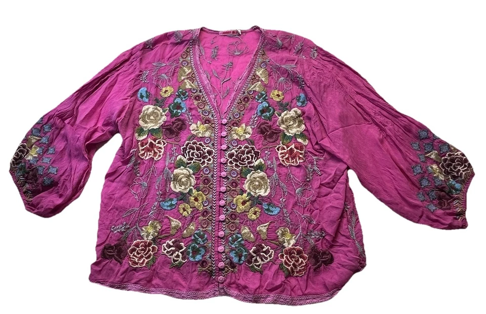 Johnny Was 衬衫女式 XXL 粉红色天鹅绒纽扣前刺绣花卉波西米亚 — 第 4/4 张图片