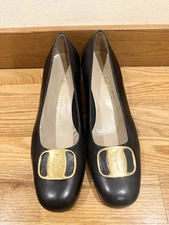 Ferragamo Vara Mid Heel Pumps Black Leather Women Shoe Size US 6.5 
