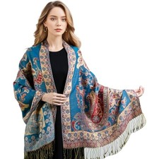 Paisley Pashmina Shawl Wraps for Women Evening Dresses Elegant 04 Blue Floral