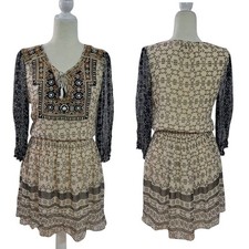 Lucky Brand Women's Boho Beige Black Embroidered 3/4 Sleeve Tassel Dress Sz M