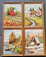 4 &Auml;ltere sehr sch&ouml;ne Gobelin Bilder gerahmt  Holz 4 Jahreszeiten 26x20cm