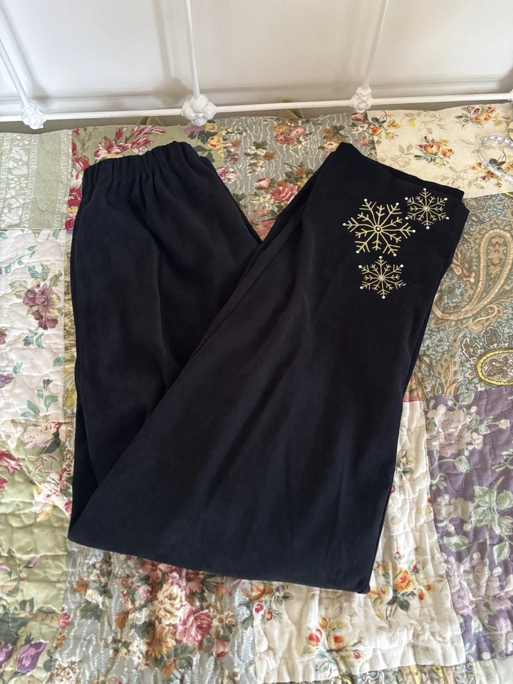 Quaker Factory Black Suit Set Jacket Gold Snowflakes Black Pants Medium - Image 3 of 4