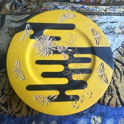 Rare Diana Kwan Art Wood Carving 12  plate Wall Hanger 1988
