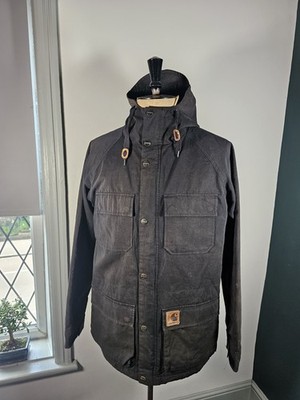 Carhartt Mosley Jacke Herren Large Schwarz Faded Chore Mantel Kapuze Workwear