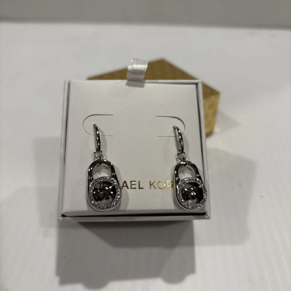 PENDIENTES GANCHO COLGANTE CANDADO MICHAEL KORS TONO PLATA, CRISTALES BRILLO, MK MK MKJ7393 Foto 4 de 4
