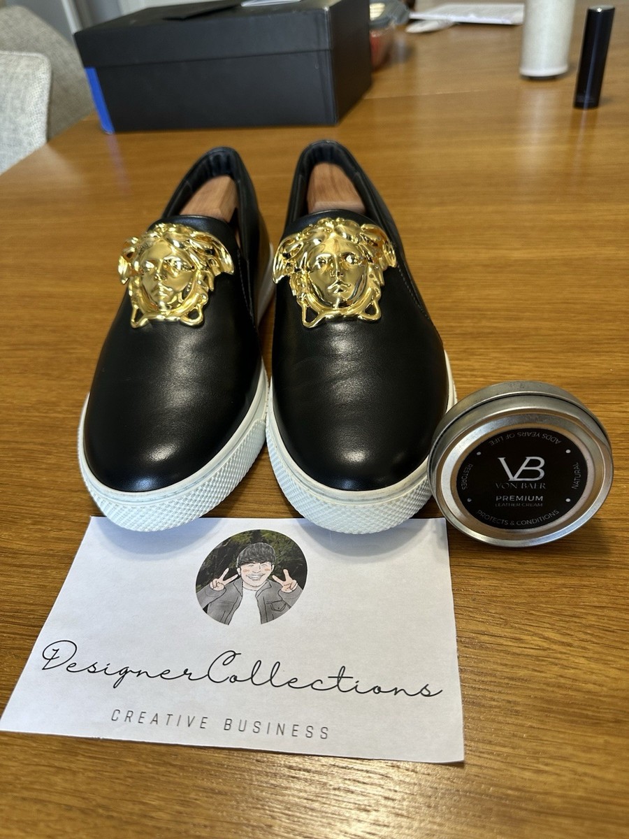 Versace Medusa Slip On Loafer Black Gold Leather Men's US 8 Gold