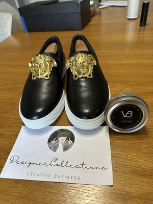 Versace Medusa Slip On Loafer Black Gold Leather Men's US 8 Gold