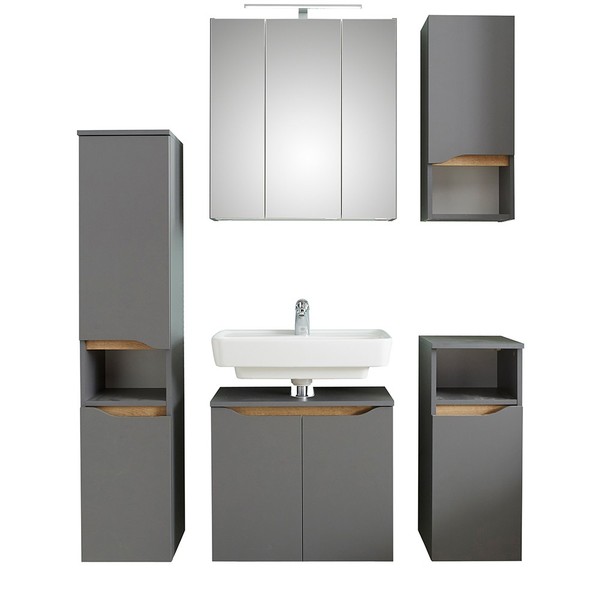 Badezimmer Bad Set Spiegelschrank Waschbeckenunterschrank Midischrank Grau Eiche-image