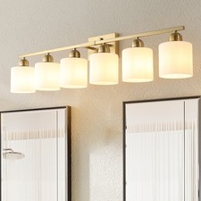 38" Modern 6 Lights Vanity Light Milk Glass Shade Bathroom Mirror Wall Lamp Gold