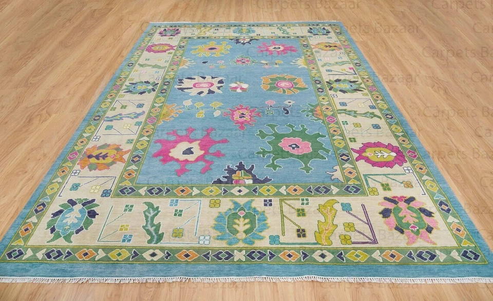 New Oushak Rug Hand Knotted Turkish Rug 100% Wool Rug Blue Color  12X9 Size - Image 4 of 4