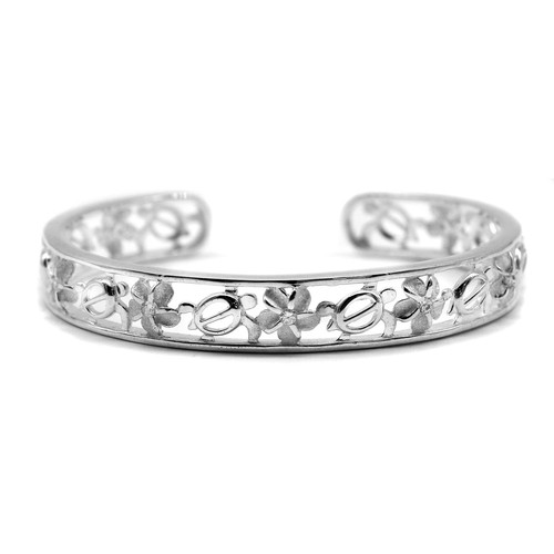 Bracciale hawaiano argento sterling 925 plumeria tartaruga marina zirconi bracciale aperto 10 mm - Foto 7 di 22