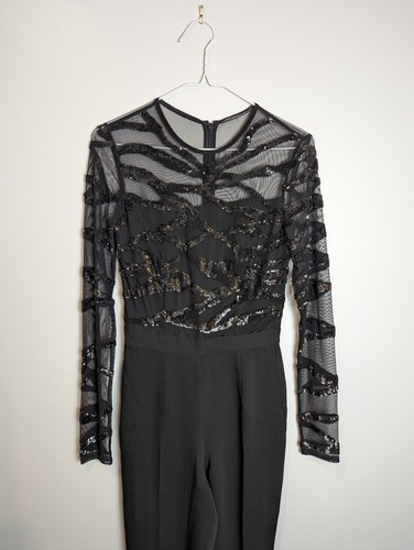 Reiss Women's Black Sequin Jumpsuit Salie Size 0 Sheer Long Sleeve NWT $495 Fit - Picture 4 of 17