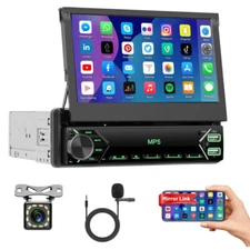 7" Single 1DIN Flip Car Stereo Bluetooth USB TF SD FM MP5 Mirror link + Camera