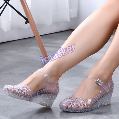 Women Slip on Crystal Wedge Jelly Shoes Womens Summer Beach Sandals Hollow Out - Picture 6 of 21
