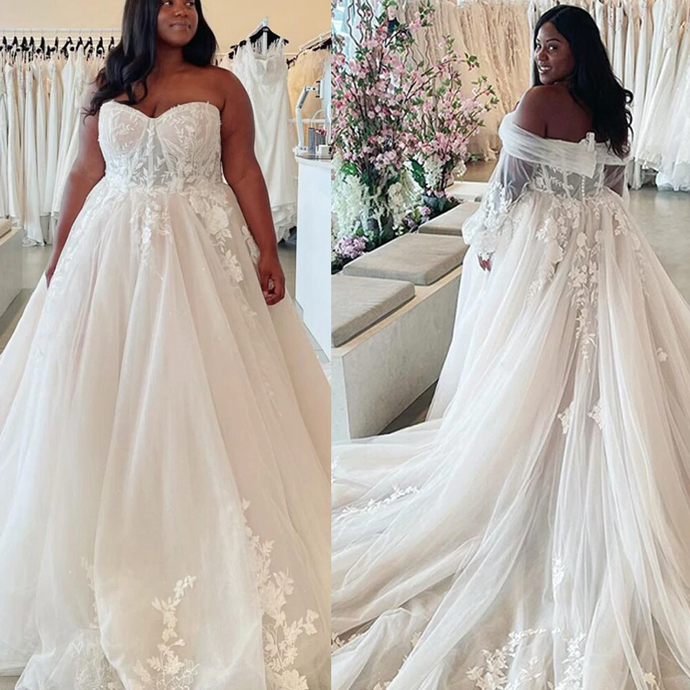 Beach Plus Size Wedding Dresses Lace Appliques Strapless A Line Bridal  Gowns