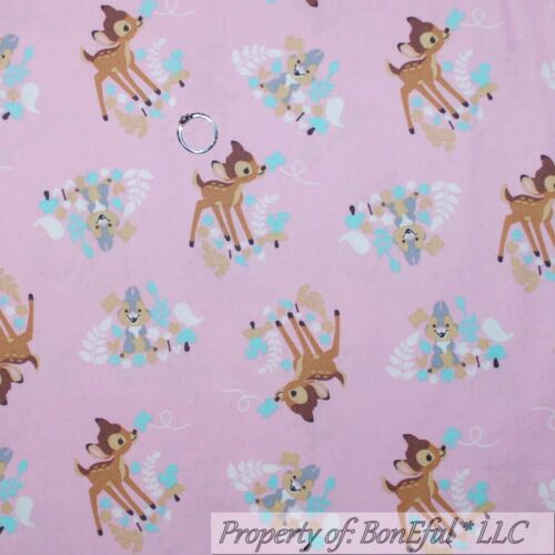 BonEful Fabric FQ Cotton Quilt Pink Disney Bambi Deer Thumper Gray Bunny Rabbit - Picture 1 of 12