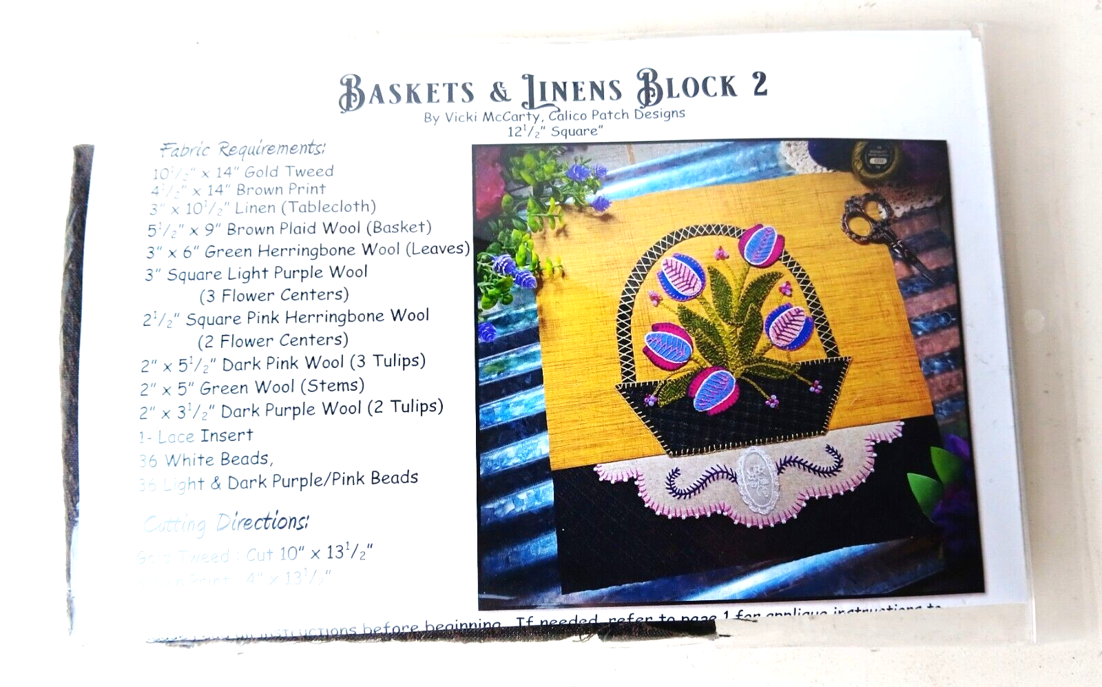 Baskets & Linens with Flowers Wool Block Mat Kit Pattern Fabric & Beads 12.5