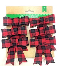 CHRISTMAS Holiday Small DECORATIVE BOWS Buffalo Check RED BLACK Plaid 6Pc Pack