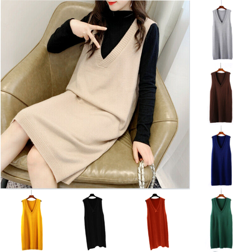 Damen Strick Weste Solide Tank Tops Ripp Saum Midikleid V-Ausschnitt Locker Freizeit - Bild 1 von 22