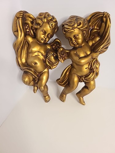 Homco Gold Cherub Angels 1120 Gold Tone Vintage Set Of Two Wall Hangings MCM - Picture 7 of 10