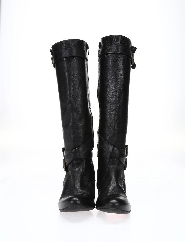 Botas de cuña MIZ MOOZ para mujer de cuero negro talla 6 con hebilla hasta la rodilla ¡NUEVAS! 218177 Foto 3 de 4