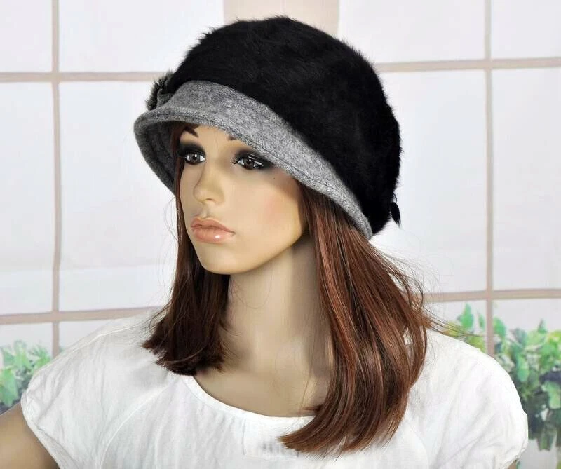 M98 Negro Gris Imitación Piel de Conejo Lana 2 Tonos Ala Sombrero Gorro Gorra de Newsboy Para Mujer Foto 4 de 4