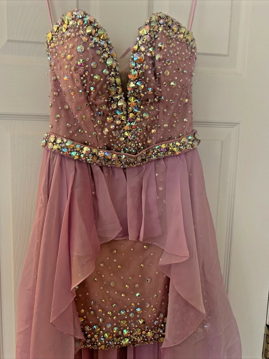 open lace back dress La Femme Gigi - 24554 Halter Style Beaded Strappy Cutout Prom Dress 12 / Blush main image 0