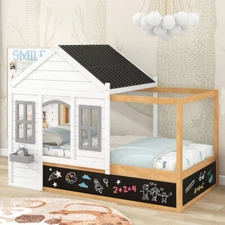 Twin Size House Canopy Bed w/ Blackboard Kids House Bed Wood Platform Bed Frames
