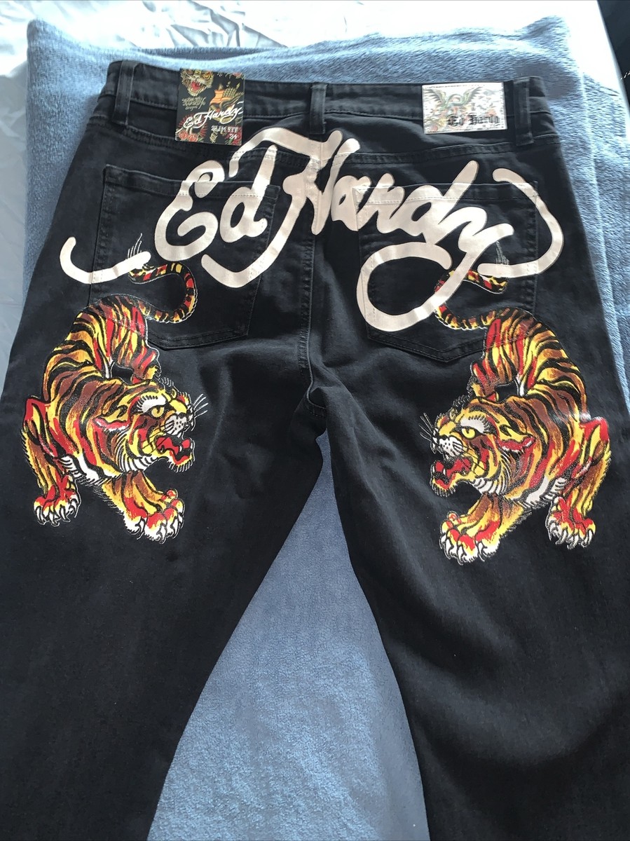 Ed Hardy★レオパード ジーンズ Ed Hardy Slim Taper Jeans Men's Bengal Crawling Tiger Size