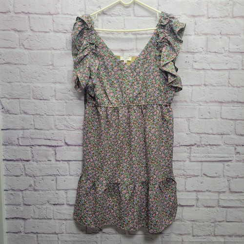 Umgee Ruffle Sleeve Tank Dress Size L Brown Floral Tiered Short Chiffon Boho