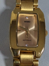 SKMEI Gold Tone Dial Rectangle Case Stainless Steel Link Band Watch