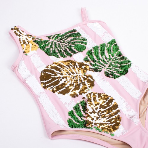 Shade Critters Magic Full Sequin Palm Pink One Piece Swimsuit L41805 Size 6T - Picture 2 of 3