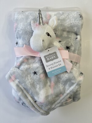 NWT Baby Blanket and Unicorn Lovey Set Hudson Baby Shower Gift Soft Cuddly Gray