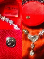 SHISEIDO Red Makeup Faux Leather Round Cosmetic Case w Necklace Valentines Gift!
