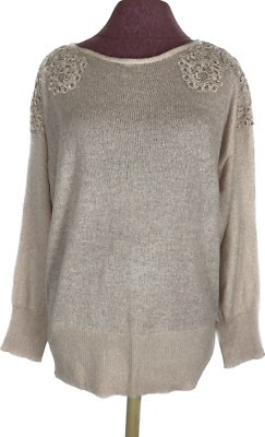 Ellie Women's Sweater Peach with Lace Applique Shinny Size L Retail $54