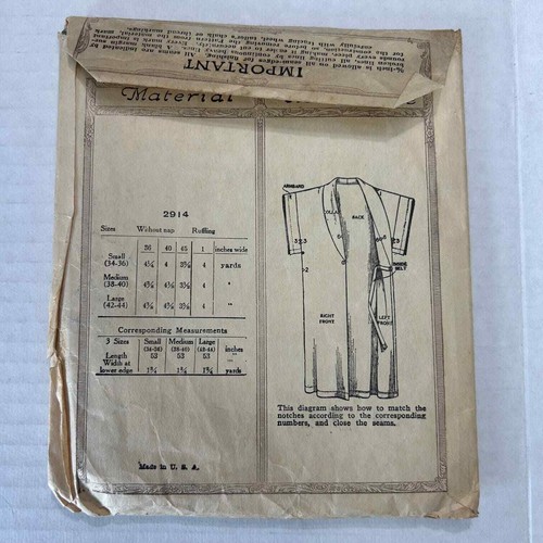 McCall Antique Earaly 1900's Pattern #2914 Ladies/Misses Negligee Size S - Picture 7 of 8