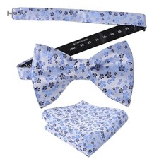 Mens Pre-tied Floral Bow Tie Wedding Party Luxury Pocket Square Set 092-blue