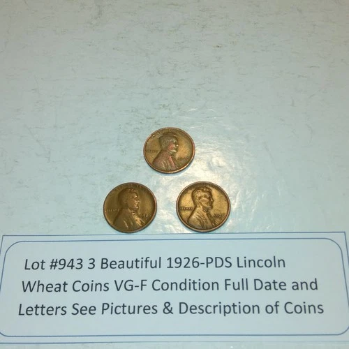 Lot #943 3 Beautiful Lincoln Wheats 1926-P 1926-D 1926-S VG-F-VF See Pictures