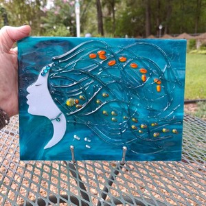 REAL NICE Mermaid Girl Fused Art Glass Panel On A Stand   OOAK O'Dare
